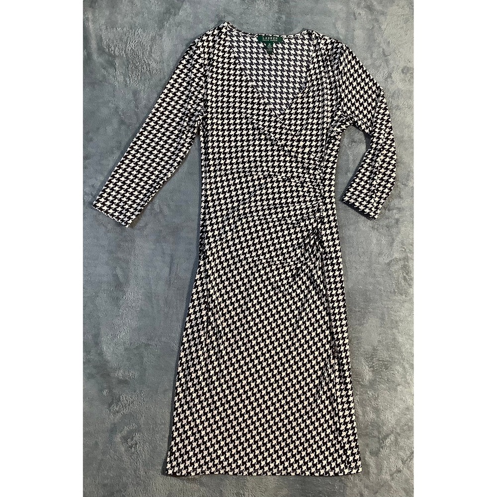 Lauren Ralph Lauren Houndstooth Faux Wrap Dress Black White M 3/4 Sleeve Ruched